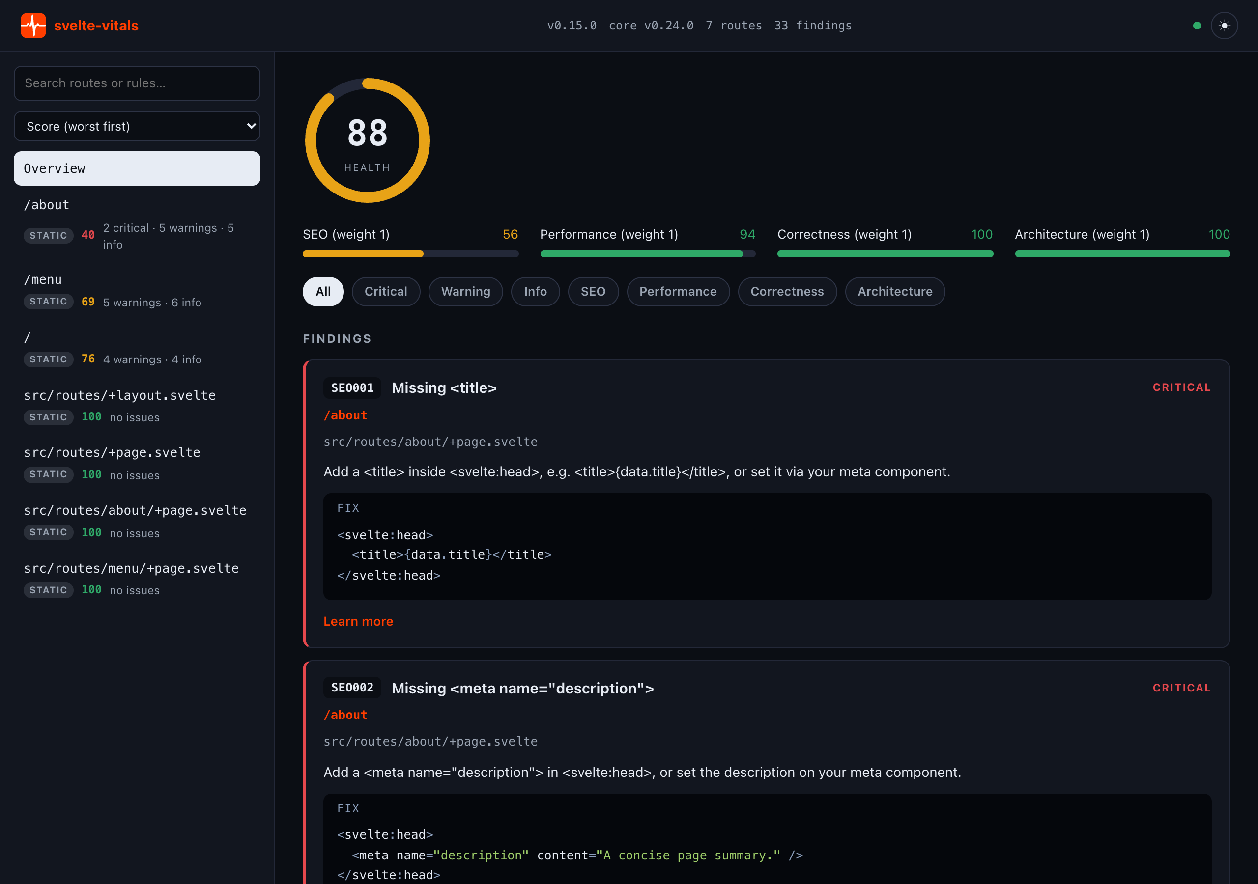 The svelte-vitals live dashboard's Overview pane, showing the Health score ring, per-category bars, and a list of findings with severity, rule id, location, and a fix snippet.
