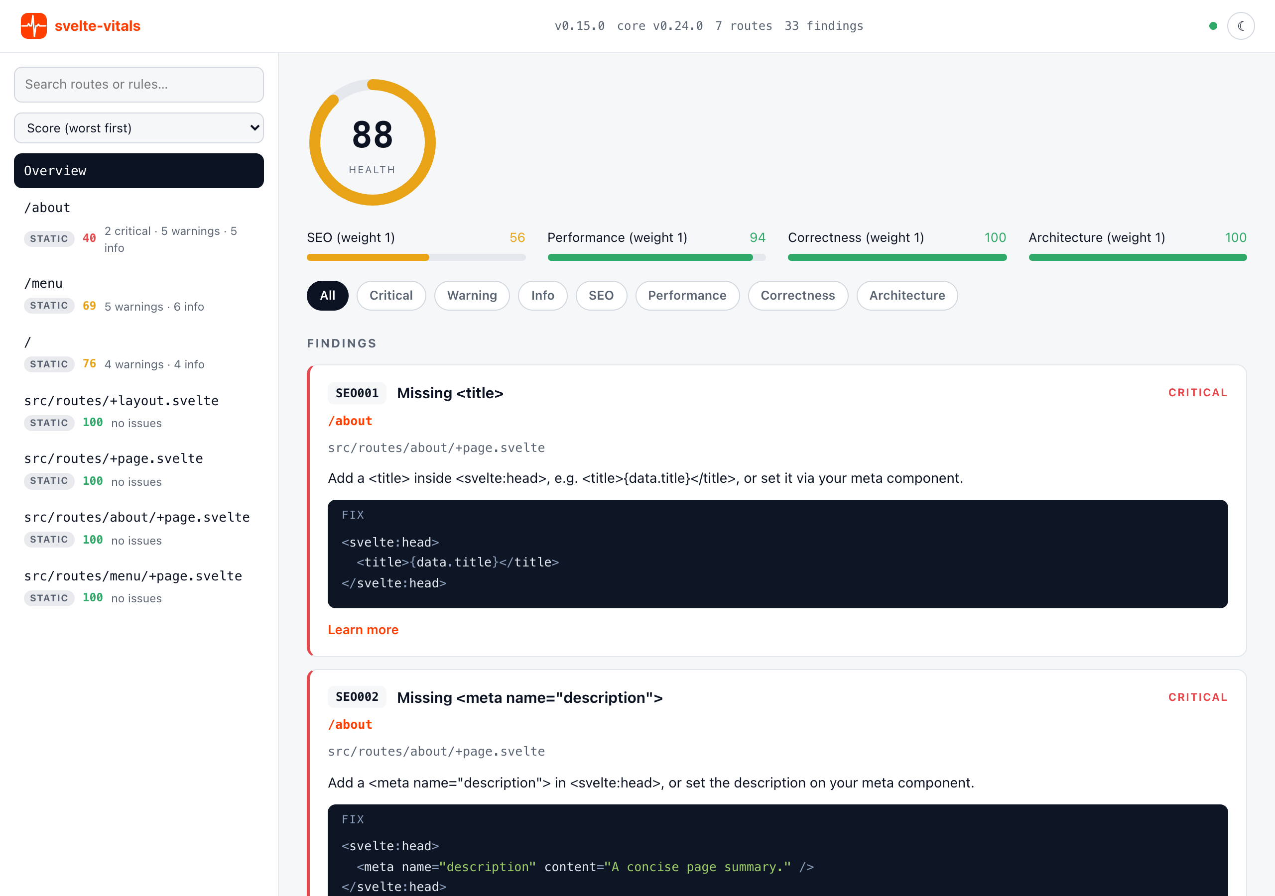 The svelte-vitals live dashboard's Overview pane, showing the Health score ring, per-category bars, and a list of findings with severity, rule id, location, and a fix snippet.